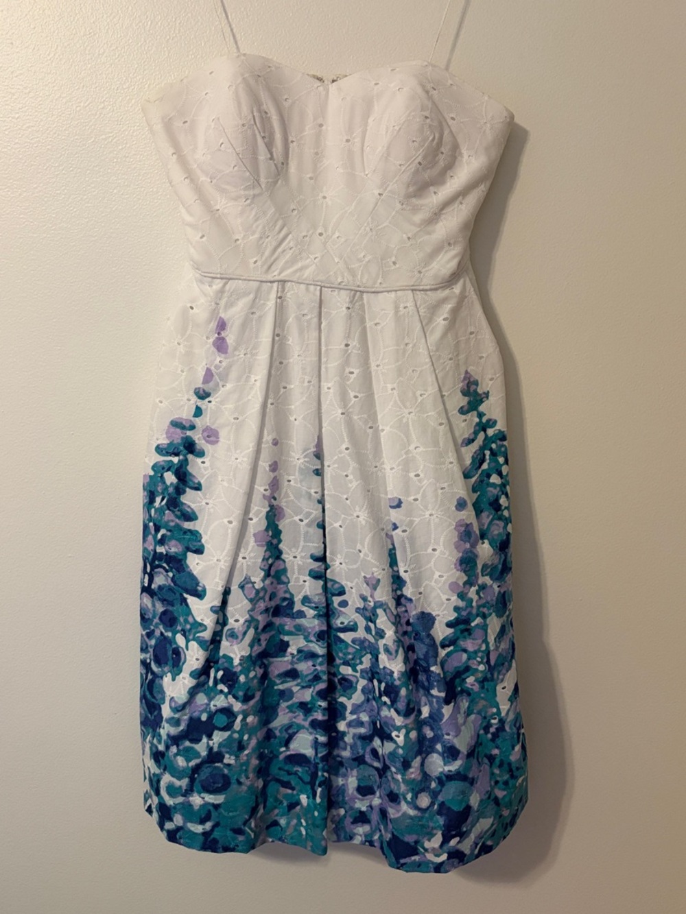 Donna Morgan White Eyelet Strapless Floral Print Dress with Sweetheart Neckline